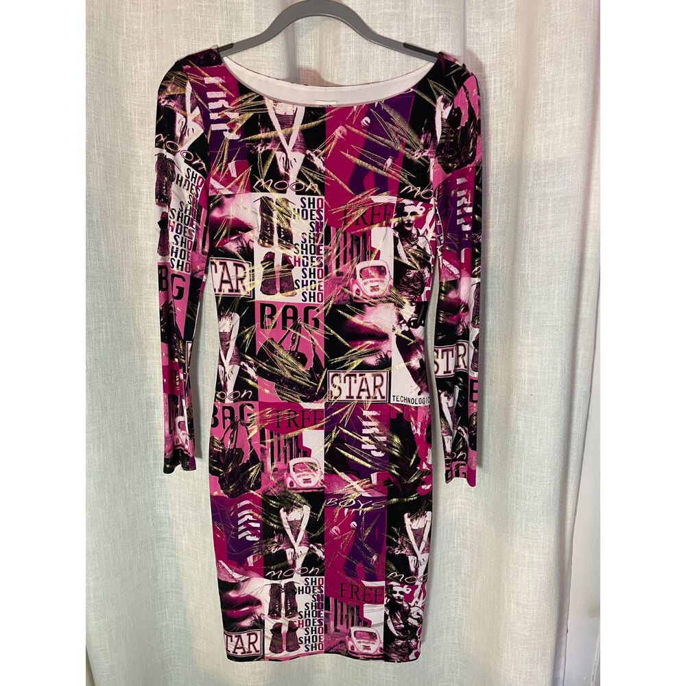 Cache Long Sleeve Bodycon Dress Graphic Print Pink Black Gold‎ Foil Size Small